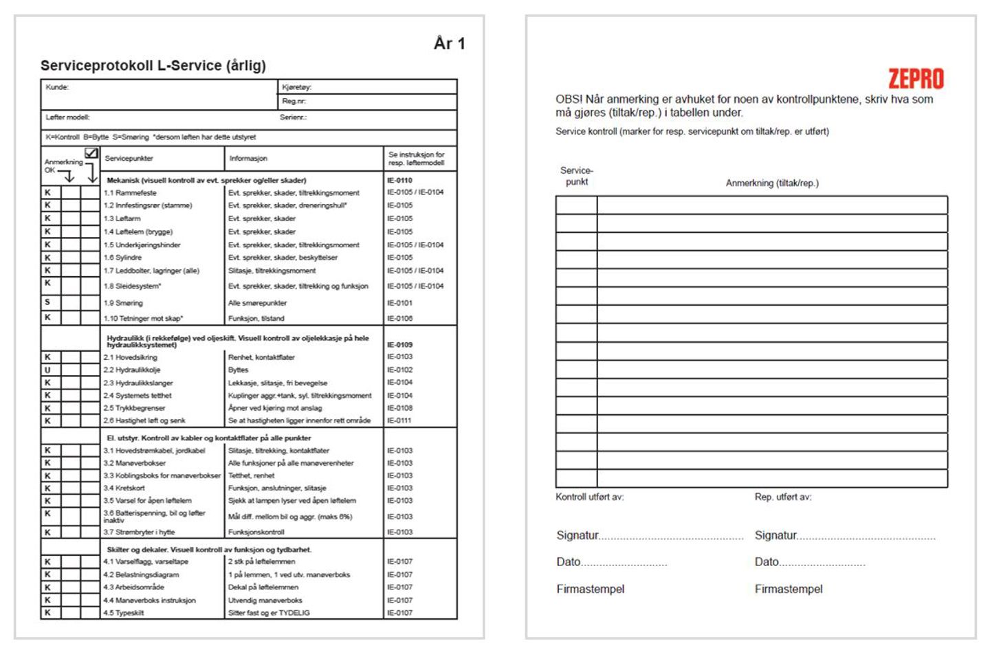 Print screen av kontrollskjema fra servicehefte for bakløfter (zepro). Illustrasjon.