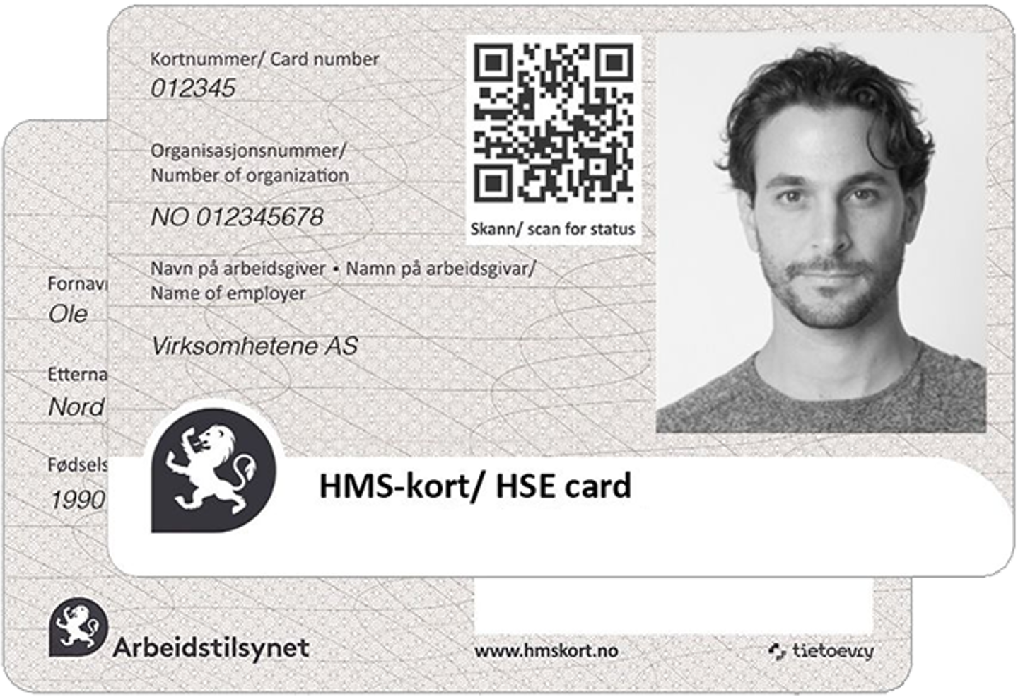 Bildet viser hvordan et HMS-kort ser ut med bilde av personen som eier kortet og en QR-kode som kan skannes. 