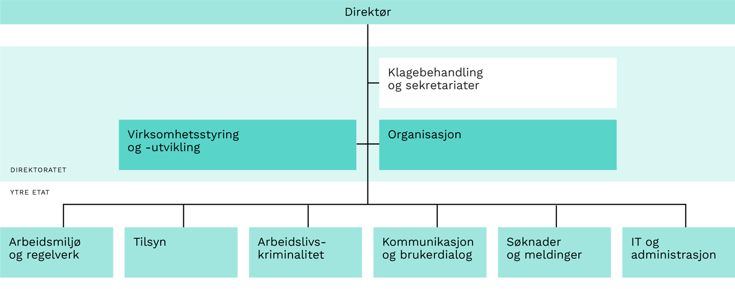 Overordnet organisasjonskart for Arbeidstilsynet, som viser organisering med direktør, direktorat og ytre etat.