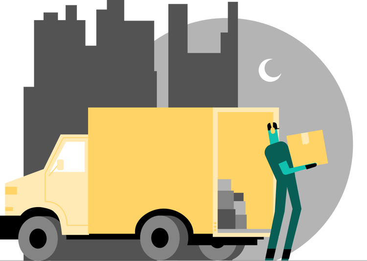 Illustrasjon som viser en person som losser kasser ut av en varebil. I bakgrunnen skimtes bygninger.