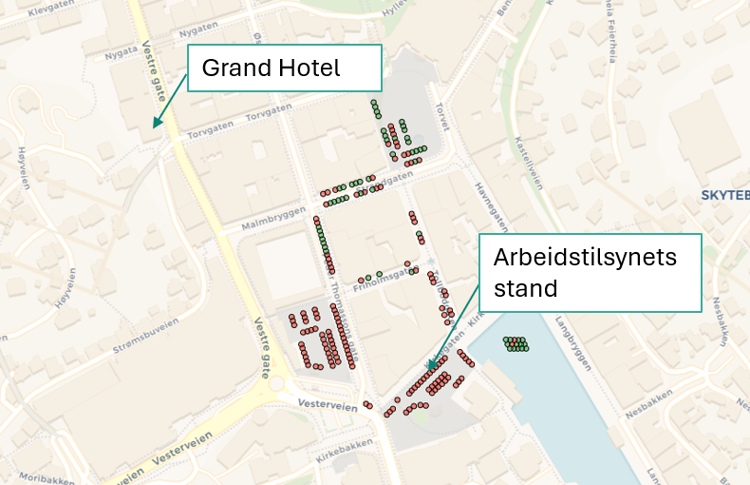 Kart over Arendal sentrum med oversikt over hvor Arbeidstilsynets stand og arrangementer vil være